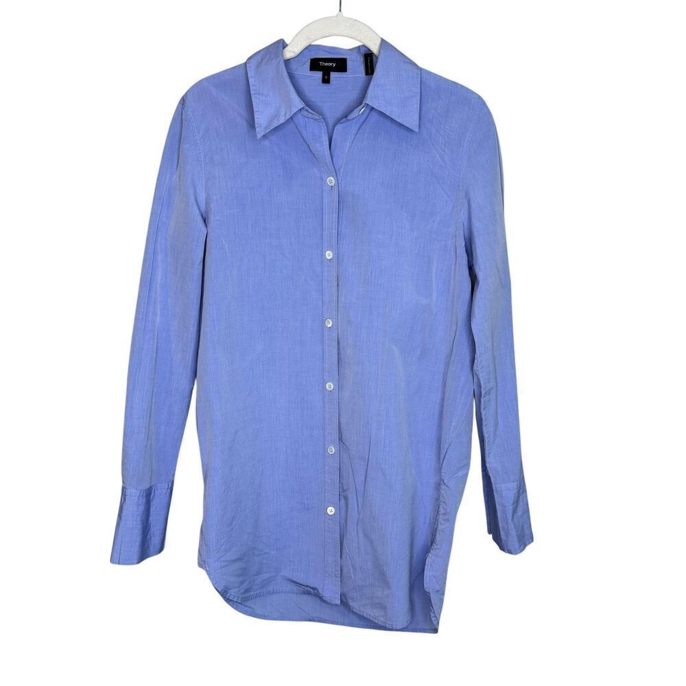 Theory Shirt Womens Small Blue Tuxedo Cotton Button Front Long Sleeve Top $245